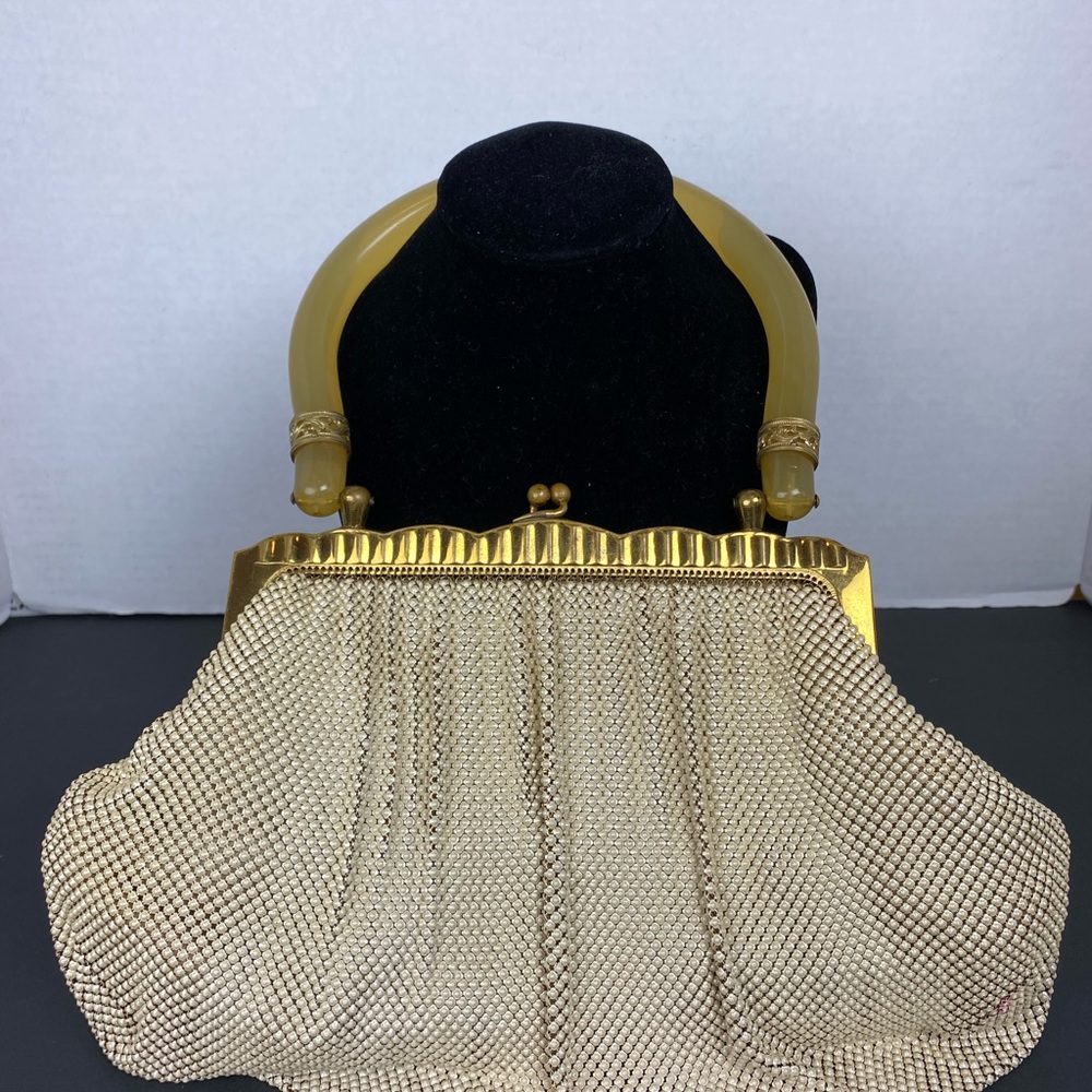 Vintage Whiting & Davis Beaded Purse Lucite Handle Gold Frame Evening Bag